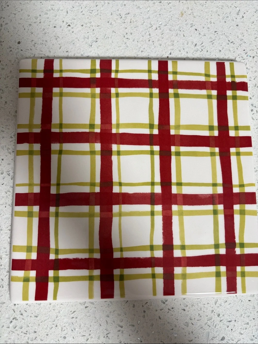 Crate & Barrel Plaid Ceramic Trivet Red White & Olive Green Set of 2 Holiday